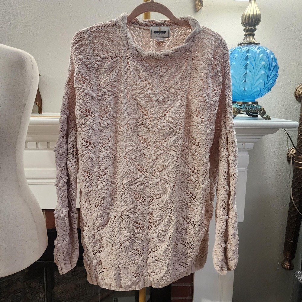 L Vintage Beige Neutral Handknit Express Tricot Sweater